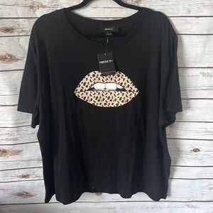 Forever 21 Plus Cheetah Lips Black Short Sleeve Tee 3X